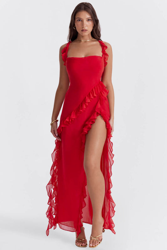 Red ruffle maxi dress