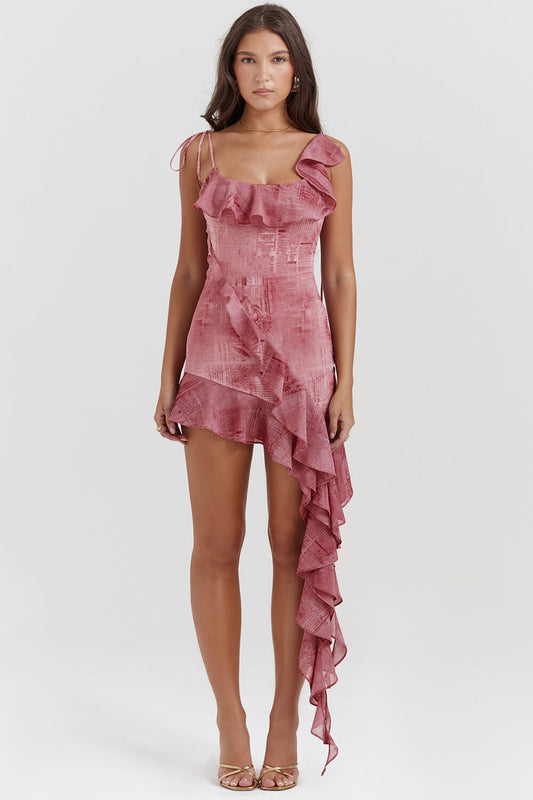 Pink print ruffle mini dress